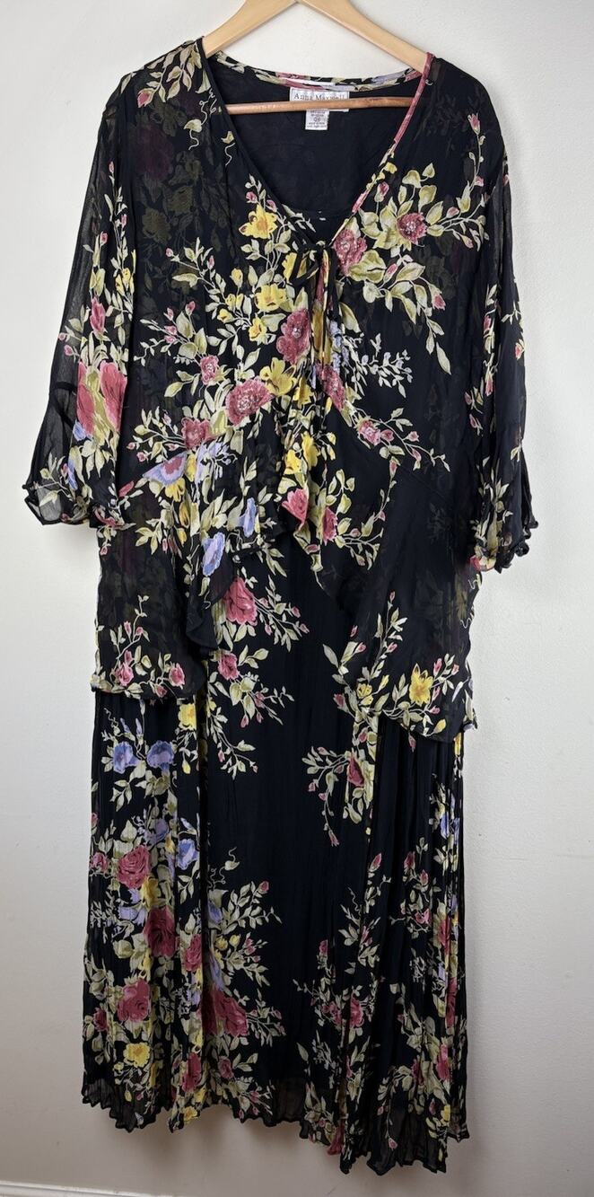 Anna Maxwell Womens Dress 2X Black Pink Floral Sheer Beaded Fairy Whimisigoth